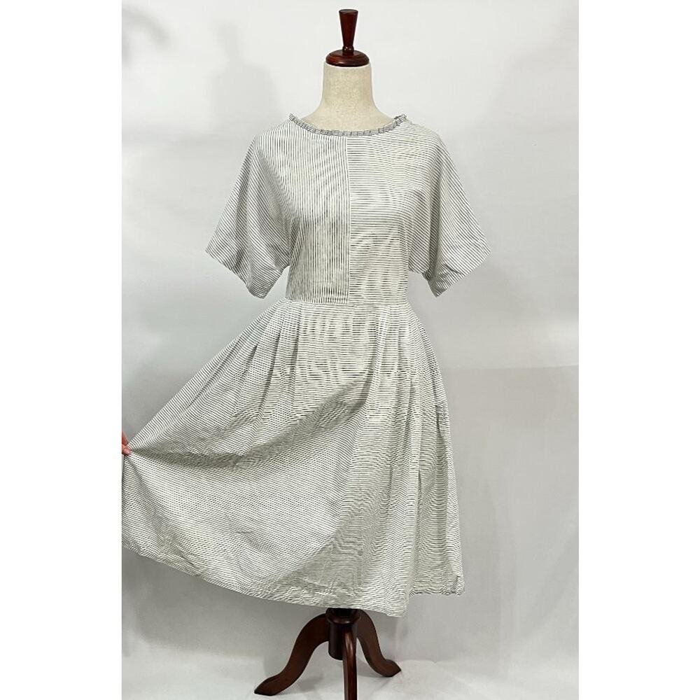 RUNAWAY BICYCLE Sz S Small Ivory Gray Stripe Short Sleeve Midi Dress Cotton